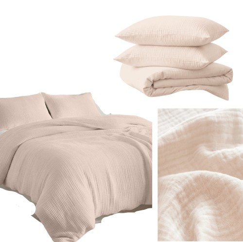 Pościel Bawełniana 220x200 MUŚLIN Beżowa Komplet Muślinowy 100% Bawełna