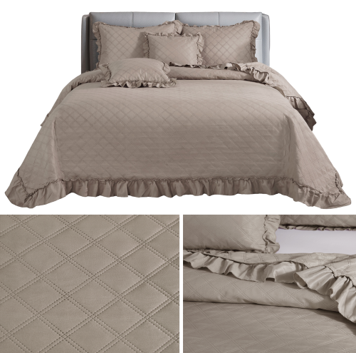 Narzuta na łóżko 140x200 RUFFY taupe Designerska Z Falbaną Pikowana