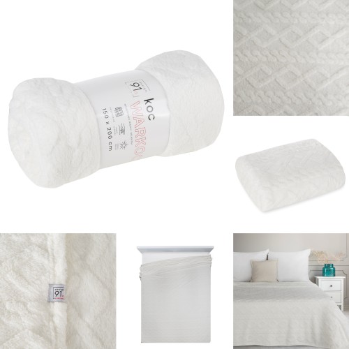 Koc Narzuta 200x220 Design91 WARKOCZ biały Tłoczony Gruby Ciepły 260GSM